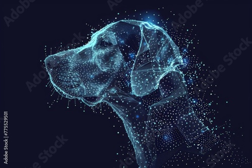 A minimalistic grayscale abstract close-up image of a dog face. A silhouette of dots and particles. A beautiful graphic half-tone dog portrait. Elegant design for printing posters, advertising  photo