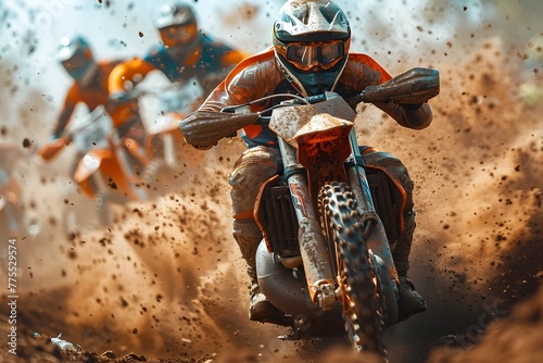 Adrenaline Pumping Motocross Race in a Stadium with Motorcycles Speeding Through Towering Obstacles and Billowing Dust Clouds