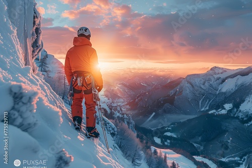 Thrilling Ice Climbing Competition Amid Breathtaking Wintry Landscape and Stunning Sunset Scenery