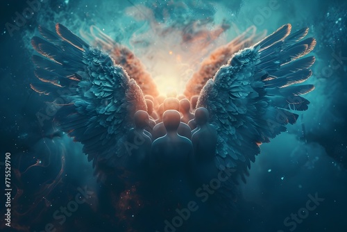 Ethereal Wings Embracing Budding Entrepreneurs Symbolizing Angel Investment s Uplifting Protection and Potential for Transformative Growth