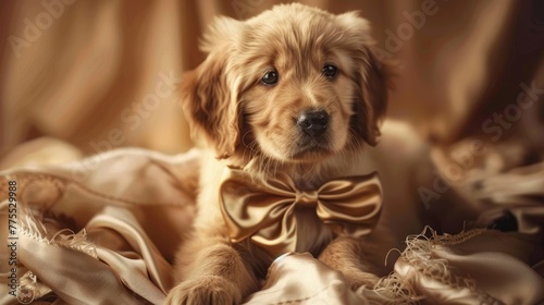 A golden retriever puppy wearing a bow playfully juxtaposing the idea of "gold" with adorable innocence © AI Farm