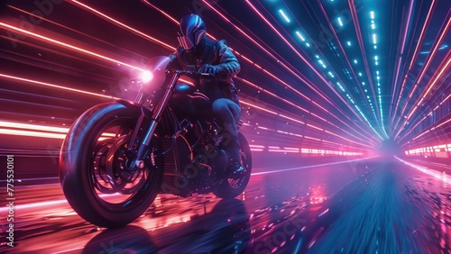 A man is riding a motorcycle in a neon tunnel © Woraphon