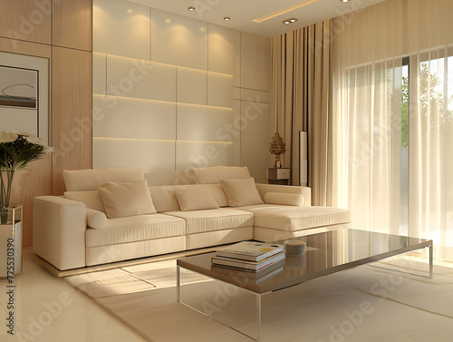 Modern style living room, clean, elegance, light cream tone. © Patcharee