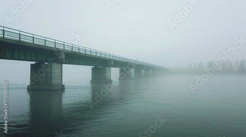 A bridge over the river in the morning fog. Mystical and mysterious atmosphere of the landscape. Generative AI © kovalovds