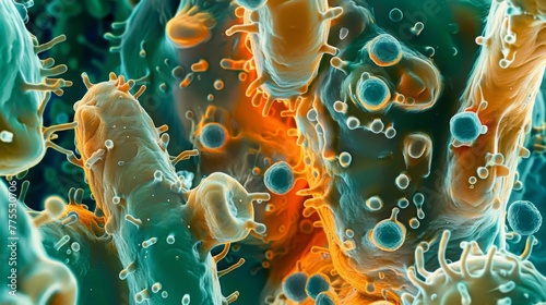 A microscopic view of a biofilm matrix with tered bacteria emphasizing the resilience of these structures and their potential to cause
