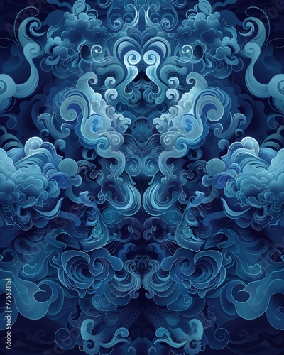 blue vector illustration of clouds and water against a dark background with high contrast in the fantasy style The artwork features a smoke pattern with a dark blue color palette