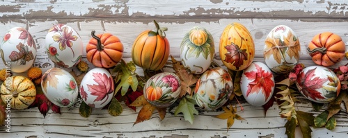 Autumn harvest Easter eggs with fall foliage and pumpkin designs