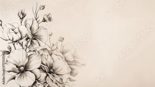 Black and white sketch of flowers beautifully decorating a wall. Copy space.