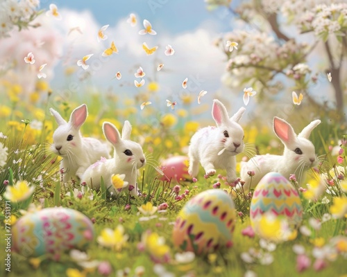 Blossom breeze 3D Easter card with bunnies chasing petals around colorfully painted eggs