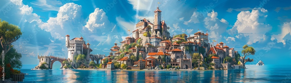 Fantasy city on an island, medieval fantasy style with large buildings and towers, a bridge to the shore in front of it, sea around the coast, high detail, concept art for game design, bright colors