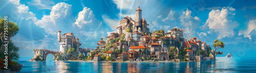 Fantasy city on an island, medieval fantasy style with large buildings and towers, a bridge to the shore in front of it, sea around the coast, high detail, concept art for game design, bright colors ©  Green Creator