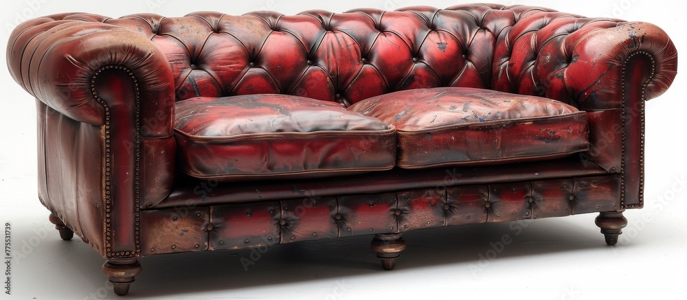 A close up of a red leather couch with a white background