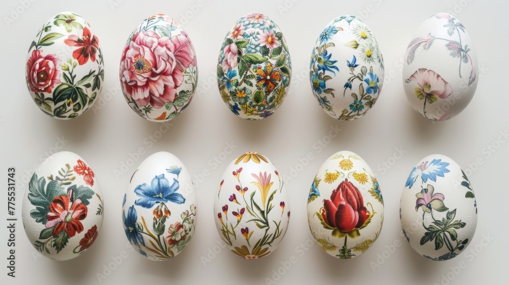 Collection of Easter eggs adorned with intricate hand-painted flowers and patterns Collection of Easter eggs adorned with intricate hand-painted flowers and patterns
