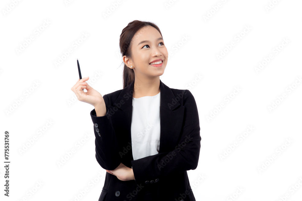 A cheerful young asian businesswoman in a suit, smiling and looking up, holding a pen, celebrating a success isolated white background, joyful business woman with pen celebrating success. A cheerful young asian businesswoman in a suit, smiling and looking up, holding a pen, celebrating a success isolated white background, joyful business woman with pen celebrating success.