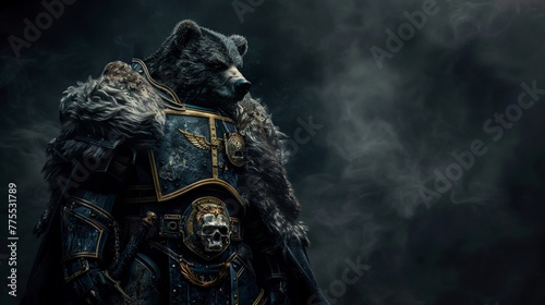 Full body shot of an anthropomorphic warhammer space marine bear, standing on the battlefield with a dark background in a cinematic photography style with depth of field and dramatic lighting