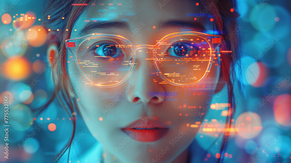 Close up of a young woman's face with advanced facial recognition interface graphics overlaying her features, symbolizing cutting edge biometric technology. Close up of a young woman's face with advanced facial recognition interface graphics overlaying her features, symbolizing cutting edge biometric technology.