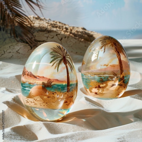 Desert mirage Easter eggs showcasing desert dunes and oasis scenes
