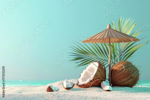 Coconuts under umbrella with beach and sea background