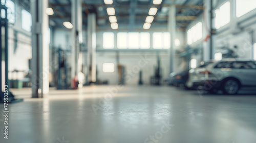 Blurred image of a modern car repair service with a focus on the foreground concrete floor photo