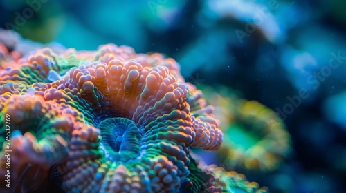 A close-up shot of a single coral formation with intricate details and vibrant colors, emphasizing the hidden beauty within the reef  © kamonrat