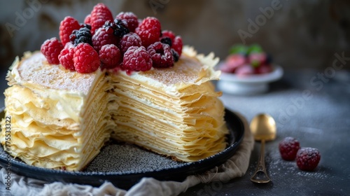 Mille crepe cake, a thin crepe layered with cream and topped with strawberries. photo