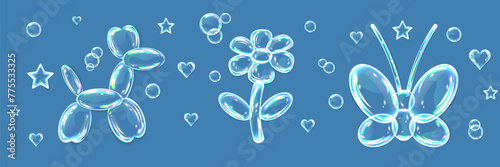 Set of soap bubbles, water drops in shape of butterfly, flower and dog with shadows on blue background. Vector illustration with water drops. Vector illustration