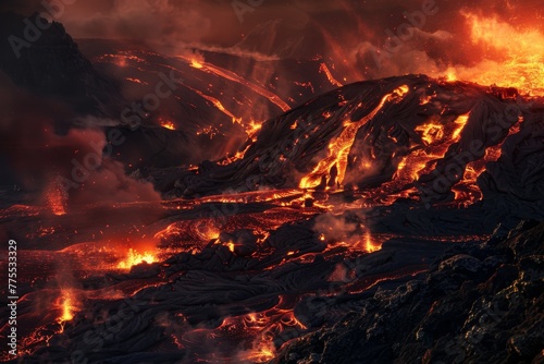 Erupting volcano with streams of molten lava