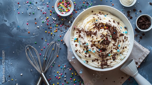 Include a mixing bowl with leftover batter and whisks beside the cake, hinting at the baking process