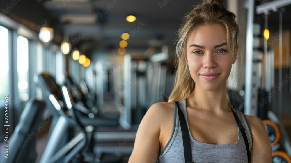 Show the woman surrounded by modern gym equipment, implying a well-equipped training environment