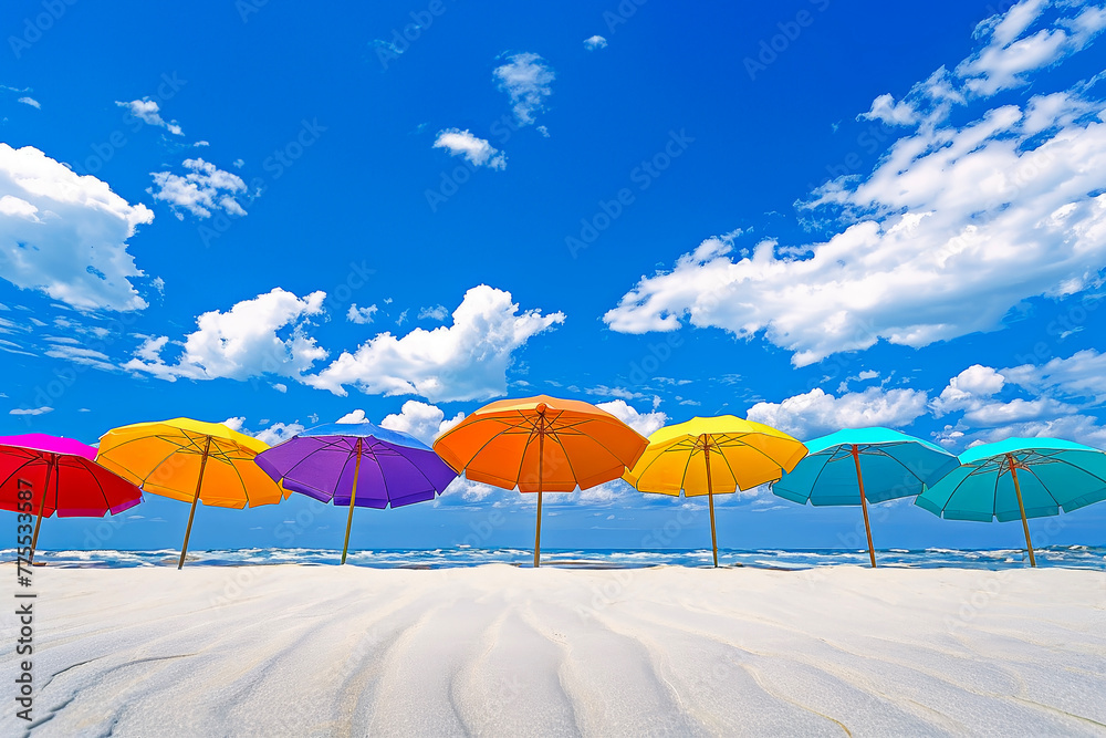 A Row of Colorful Beach Umbrellas Under a Bright Blue Sky: Vivid Colors Enhancing the Cheerfulness of Summer, with the Texture of Beach Sand and the Blueness of the Sea Highlighting the Natural Beauty