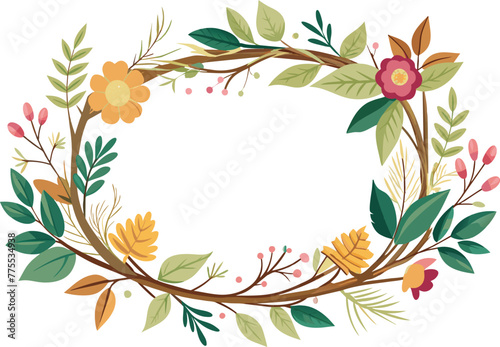 cute boho floral wreath with branches and leafs vector illustration