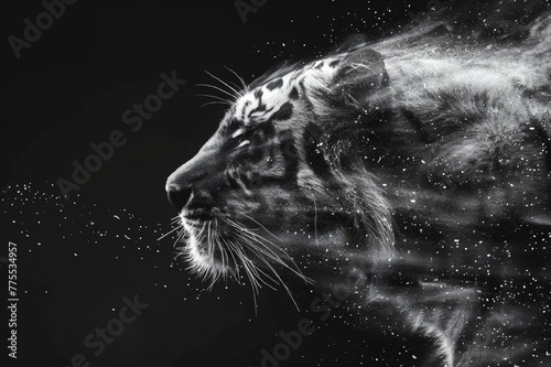 Minimalistic grayscale abstract close-up image of tiger profile face. Silhouette of dots and particles. A beautiful graphic half-tone tiger portrait. Elegant design for printing posters, advertising  photo