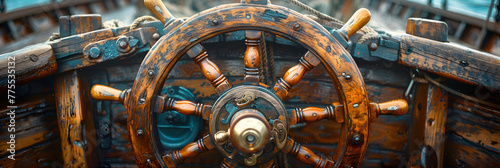 Steering wheel of old sailing vessel, Nautical Adventures and Weathered Ship Wheels 