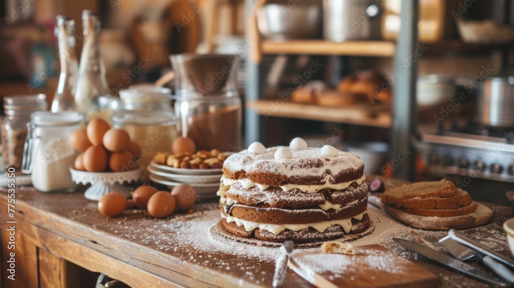 The cake on a rustic wooden kitchen counter with flour dusted on the surface, conveying the homemade charm