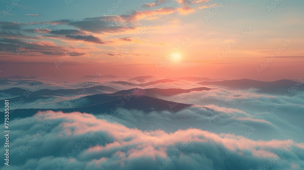 Fog rolling over hills at sunrise, photorealistic mystery, vibrant dawn ,3DCG,clean sharp focus