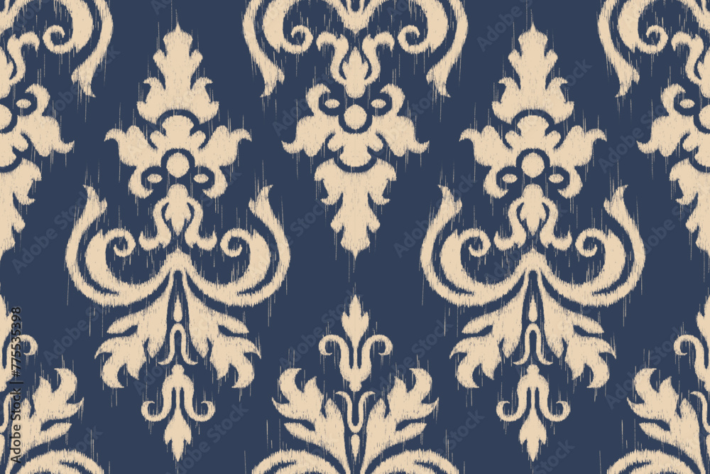 Beautiful Ikat paisley embroidery on blue background.geometric ethnic oriental seamless pattern traditional.Aztec style abstract vector illustration.design for texture,fabric,clothing,wrapping,carpet. Beautiful Ikat paisley embroidery on blue background.geometric ethnic oriental seamless pattern traditional.Aztec style abstract vector illustration.design for texture,fabric,clothing,wrapping,carpet.