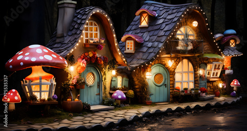 a fairy house is decorated with lights and a stone walkway