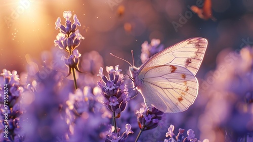 Butterfly on lavender, photorealistic detail, vibrant colors, soft sunlight ,3DCG,clean sharp focus © Oranuch