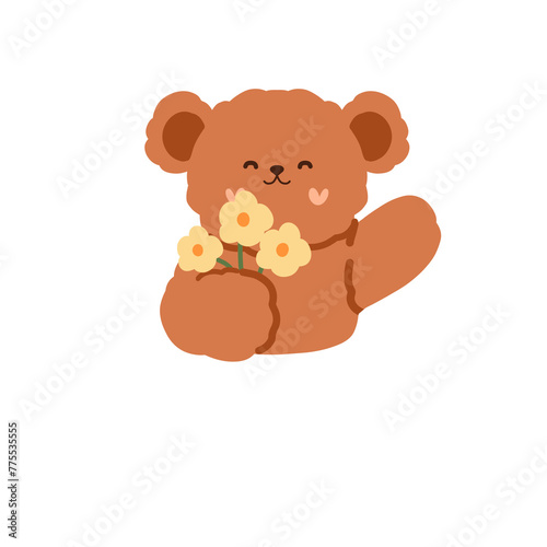 illustration of a cute Teddy bear holding flowers © Putri