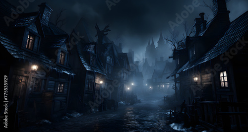an old town street with haunted buildings in the dark photo