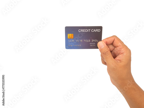 Hand holding a blue credit card on a transparent background.