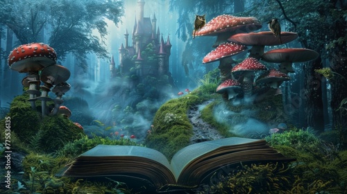 Enter a world of makebelieve with our Fairy Tale Book podium where a mystical fog hangs over a forest of mystical creatures and towering . .