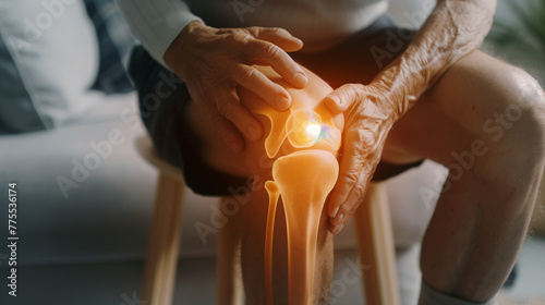 Senior Woman with Knee Pain, Highlighted Joint Anatomy photo
