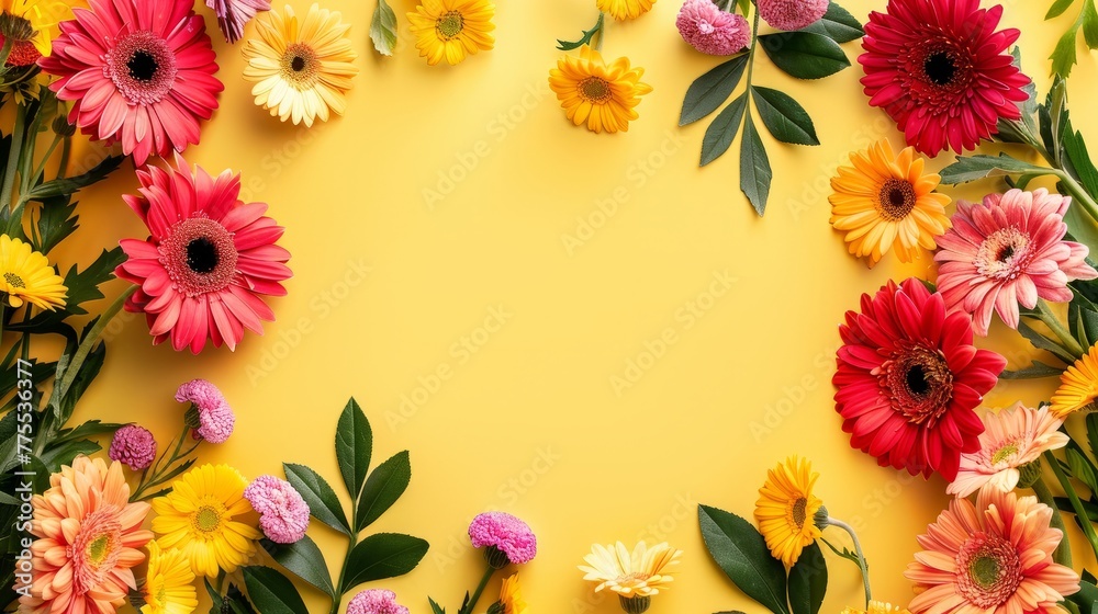 Vibrant summer flowers arranged in a circular pattern on a bright yellow backdrop. Copy space. - obrazy, fototapety, plakaty 