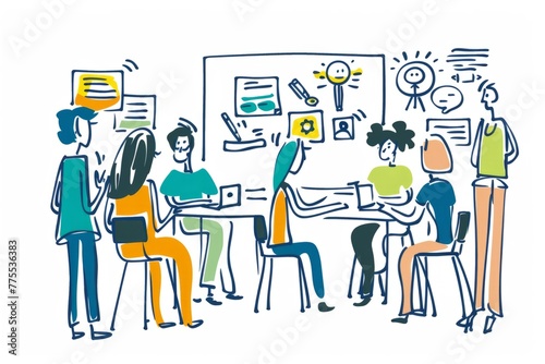 Cartoon cute doodles of a career development workshop, with students attending resume-building sessions, mock interviews, and professional development seminars, Generative AI