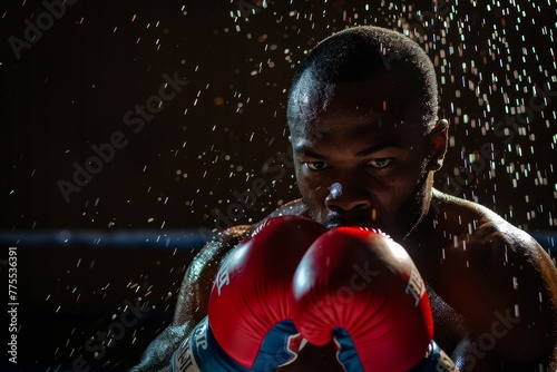 Boxer defending in the ring under the rain © InfiniteStudio
