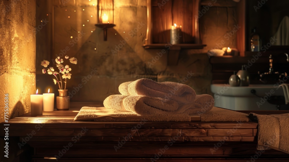 A dimly lit spa environment with soft lighting and fluffy towels, creating a calming atmosphere.