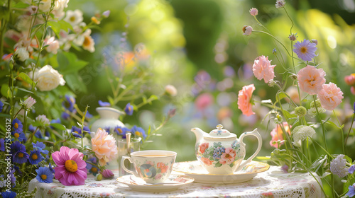 A vintage tea set placed on a table with various garden flowers surrounding it