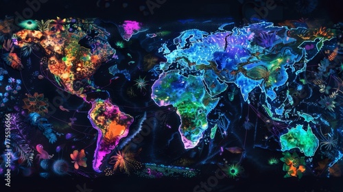 A vibrant map of the world is displayed, showcasing different countries and continents in various colors.
