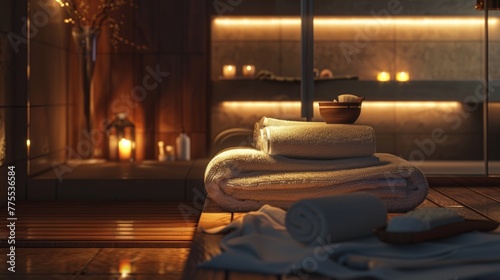 Wallpaper Mural A dimly lit spa environment with soft lighting and fluffy towels, creating a calming atmosphere. Torontodigital.ca